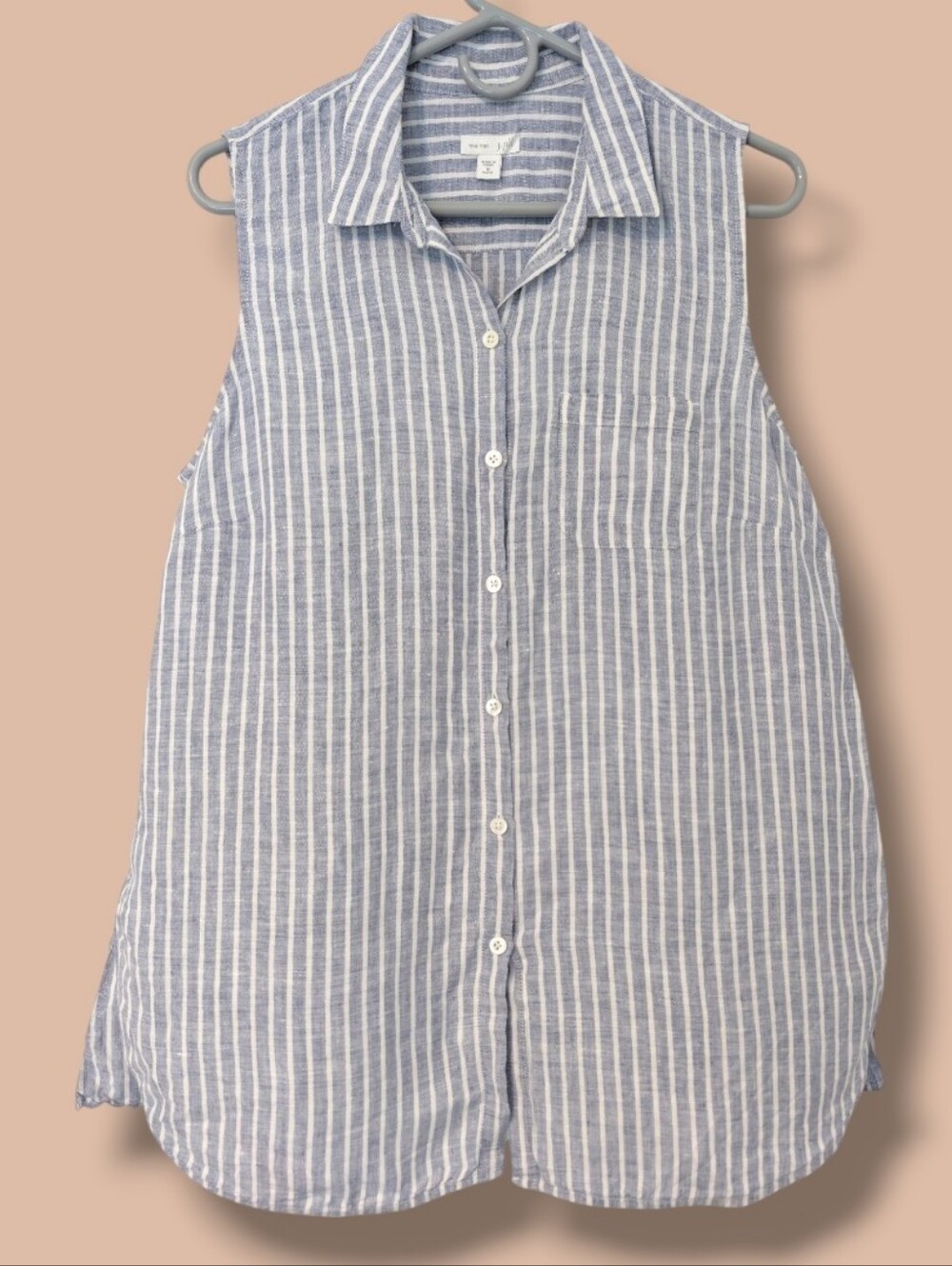 J. Jill Blue Stripe 100% Linen Sleeveless Collared Relaxed Button-Up Shirt M